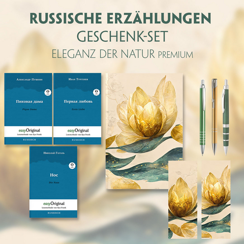 Russische Erzählungen Geschenkset - 3 Bücher (mit Audio-Online) + Eleganz der Natur Schreibset Premium - Nikolai Wassiljewitsch Gogol, Alexander Puschkin, Iwan Turgenew