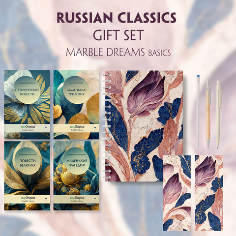 EasyOriginal Readable Classics / Russian Classics - 4 books (with audio-online) Readable Classics Geschenkset + Marmorträume Schreibset Basics - Alexander Puschkin