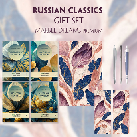 EasyOriginal Readable Classics / Russian Classics - 4 books (with audio-online) Readable Classics Geschenkset + Marmorträume Schreibset Premium - Alexander Puschkin