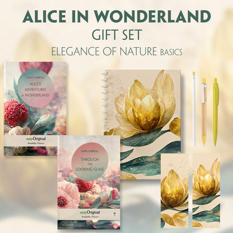 Alice in Wonderland Books-Set (with audio-online) Readable Classics Geschenkset + Eleganz der Natur Schreibset Basics - Lewis Carroll