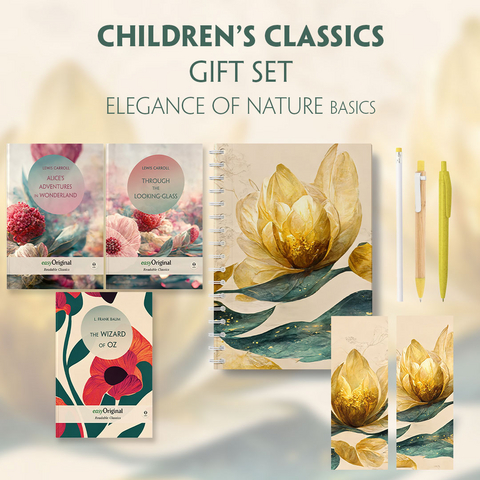 Children's Classics Books-Set (with audio-online) Readable Classics Geschenkset + Eleganz der Natur Schreibset Basics - Lewis Carroll, L. Frank Baum