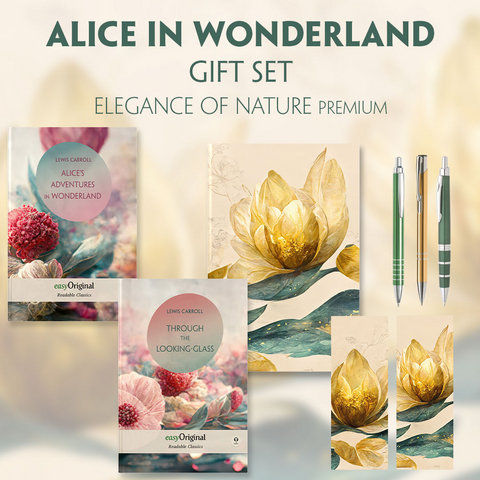 Alice in Wonderland Books-Set (with audio-online) Readable Classics Geschenkset + Eleganz der Natur Schreibset Premium - Lewis Carroll