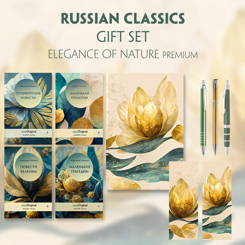 EasyOriginal Readable Classics / Russian Classics - 4 books (with audio-online) Readable Classics Geschenkset + Eleganz der Natur Schreibset Premium - Alexander Puschkin