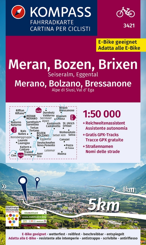 KOMPASS Fahrradkarte 3421 Meran, Bozen und Umgebung 1:50.000