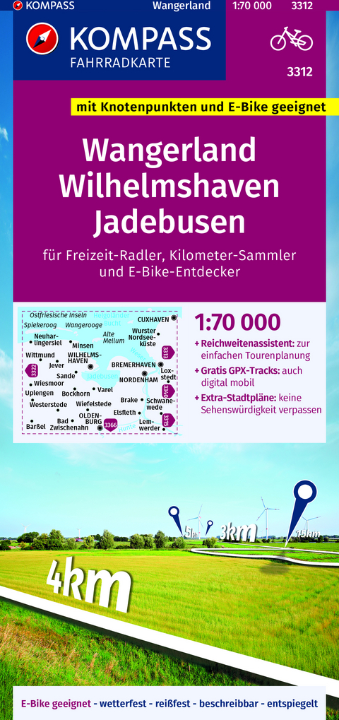 KOMPASS Fahrradkarte 3312 Wangerland, Wilhelmshaven, Jadebusen mit Knotenpunkten 1:70.000