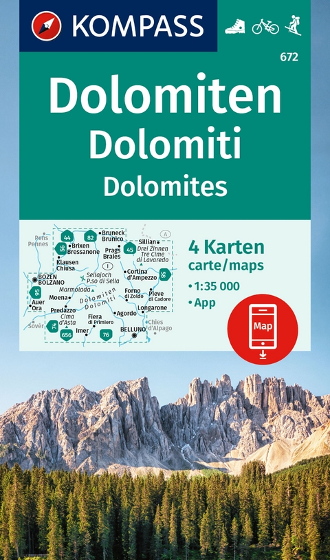 KOMPASS Wanderkarten-Set 672 Dolomiten, Dolomiti, Dolomites (4 Karten) 1:35.000