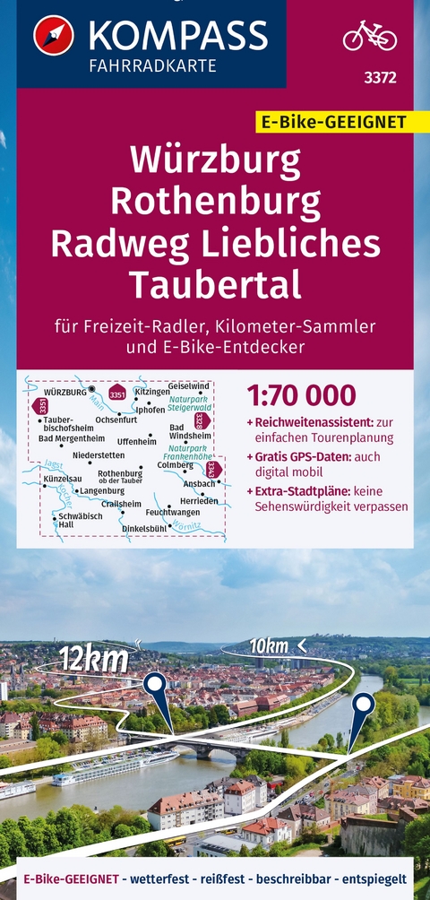 KOMPASS Fahrradkarte 3372 Würzburg, Rothenburg, Radweg Liebliches Taubertal 1:70.000