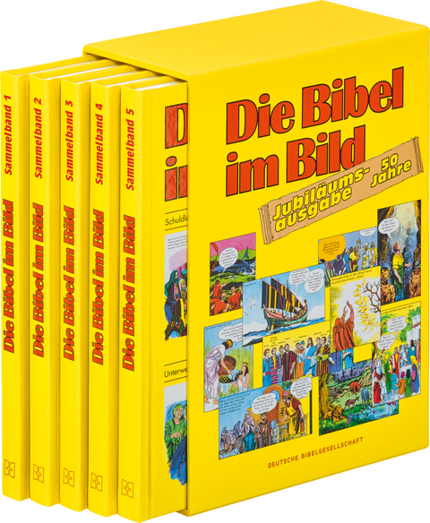 Comic-Reihe „Die Bibel im Bild“. 50 Jahre-Jubiläumsausgabe. Kinderbuch-Klassiker ab 8 Jahren mit Geschichten aus dem Alten und Neuen Testament als Comics. 5 Sammelbände im Schuber