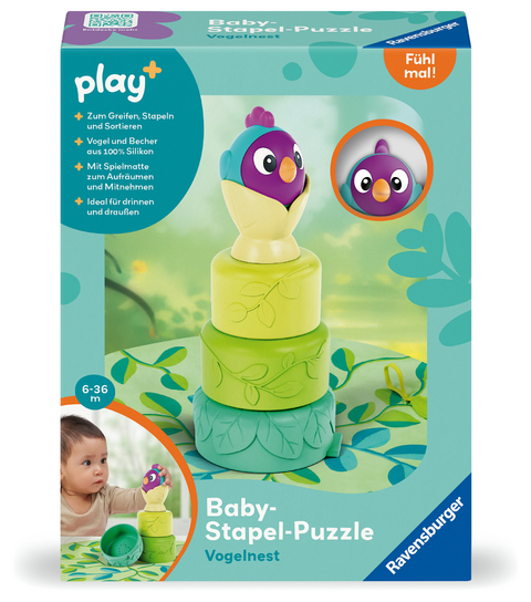 Ravensburger 4857 Play+ Baby-Stapel-Puzzle: Vogelnest, Montessori-Puzzle, Silikon, Saugnapf-Spielzeug für Baby ab 6 Monaten