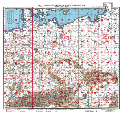 LUFT-NAVIGATIONSKARTE Deutschland mit Bodenorganisation der Luftwaffe 1943 (Plano)