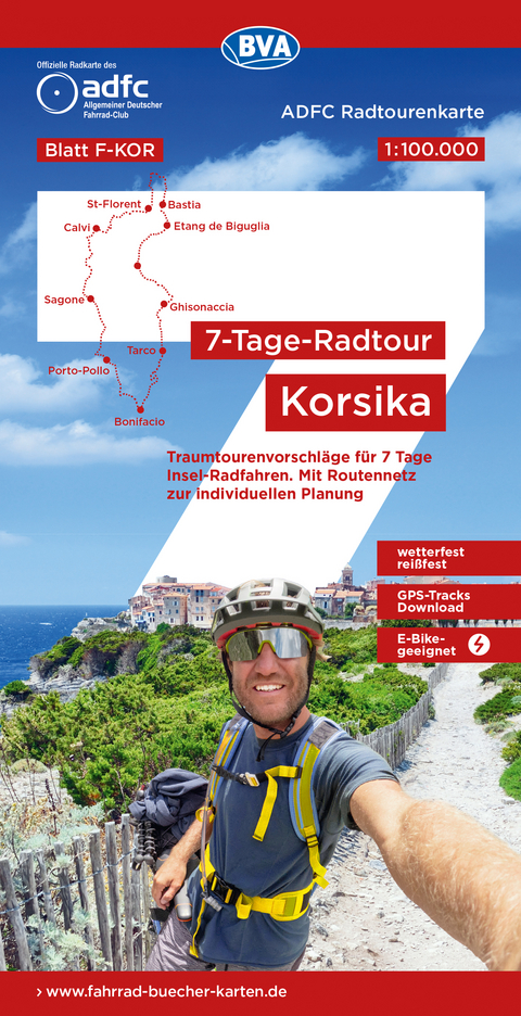 ADFC-Radtourenkarte F-KOR 7-Tage-Radtour Korsika, 1:100.000, reiß- und wetterfest, E-Bike geeignet, GPS-Tracks Download, mit Kilometerangaben