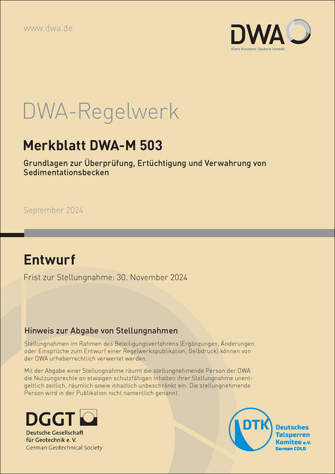 Merkblatt DWA-M 503 Grundlagen zur Überprüfung, Ertüchtigung und Verwahrung von Sedimentationsbecken (Entwurf)