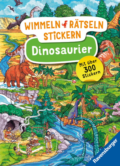 Ravensburger Wimmeln, Rätseln, Stickern: Dinosaurier - Stickerbuch ab 4 Jahren, 13 Wimmelbilder, über 300 Sticker, Dinosaurier