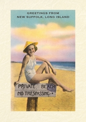 Vintage Lined Notebook Greetings from New Suffolk, Long Island, Woman on Sign