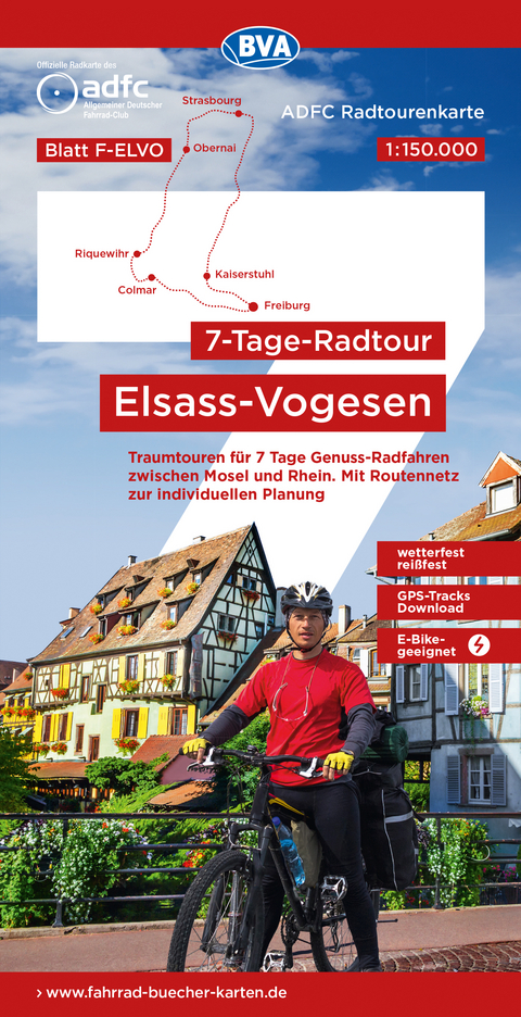 ADFC-Radtourenkarte F-ELVO 7-Tage-Radtour Elsass/Vogesen, 1:150.000, reiß- und wetterfest, E-Bike geeignet, GPS-Tracks Download, mit Kilometer-Angaben