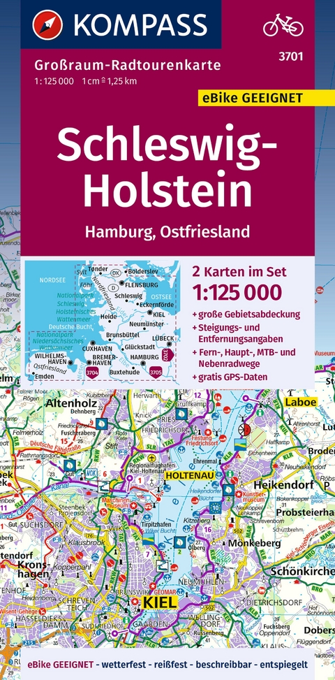 KOMPASS Großraum-Radtourenkarte 3701 Schleswig-Holstein, Hamburg, Ostfriesland 1:125.000