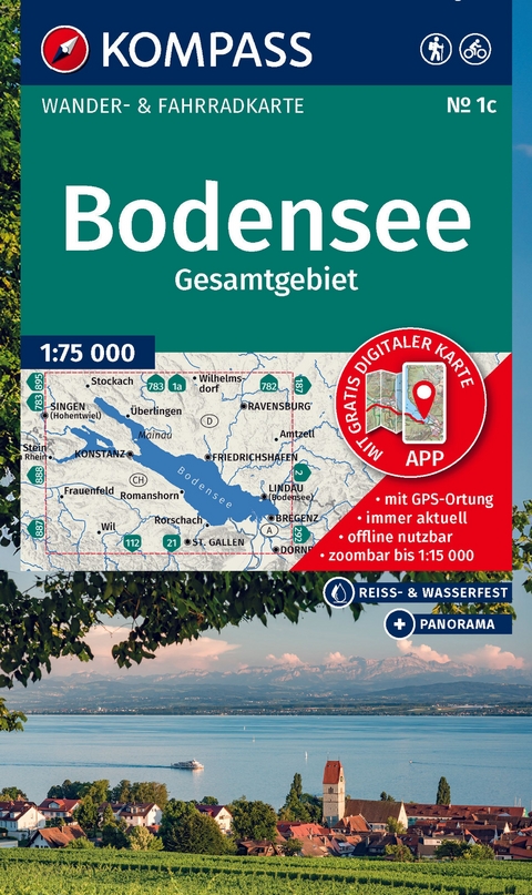 KOMPASS Wanderkarte 1c Bodensee Gesamtgebiet 1:75.000