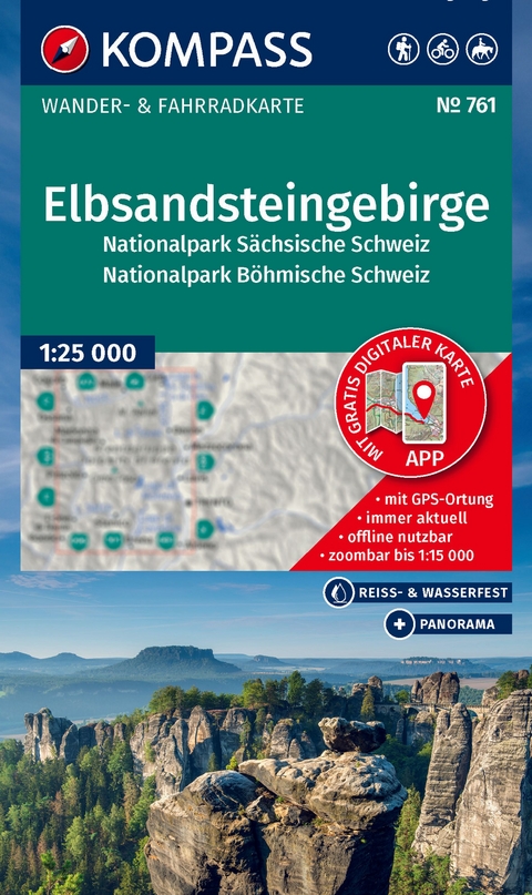 KOMPASS Wanderkarte 761 Elbsandsteingebirge, Nationalpark Sächsische Schweiz, Nationalpark Böhmische Schweiz 1:25.000