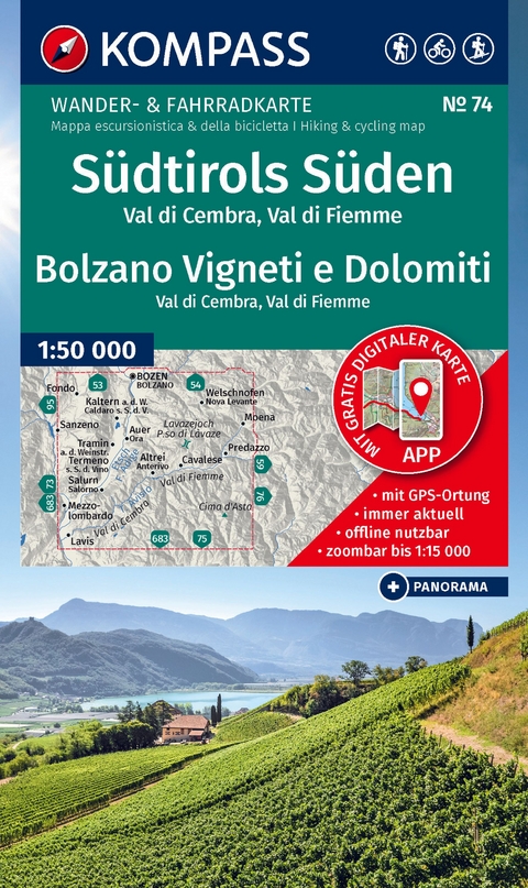 KOMPASS Wanderkarte 74 Südtirols Süden / Bolzano Vigneti e Dolomiti, Val di Cembra, Val di Fiemme 1:50.000