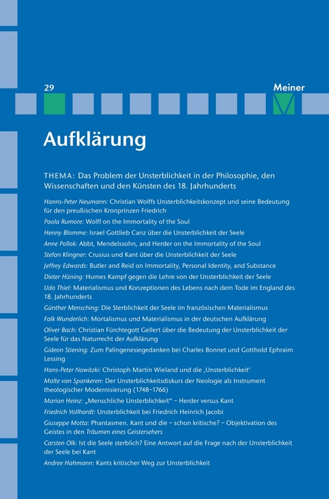 Aufklärung, Band 29: Das Problem der Unsterblichkeit in der Philosophie, den Wissenschaften und den Künsten des 18. Jahrhunderts - 