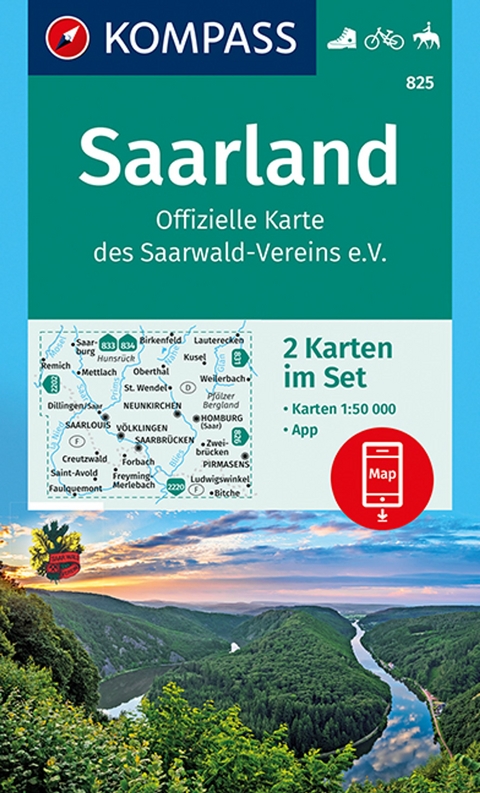 KOMPASS Wanderkarte 825 Saarland, Offizielle Karte des Saarwald-Vereins e.V. - 