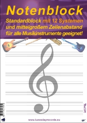 Notenblock - Standardblock mit 12 Systemen und mittelgroßem Zeilenabstand für alle Musikinstrumente geeignet - 