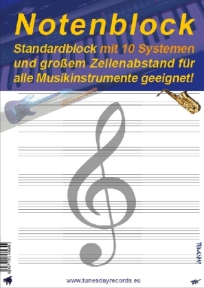 Notenblock: Standardblock mit 10 Systemen und großem Zeilenabstand für alle Musikinstrumente geeignet - 