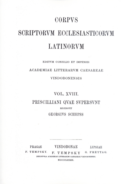 Priscilliani quae supersunt. Maximam partem nuper detexit adiectisque commentariis critricis et indicibus. Accedit Orosii commonitorium de errore Priscillianistarum et Origenistarum - 