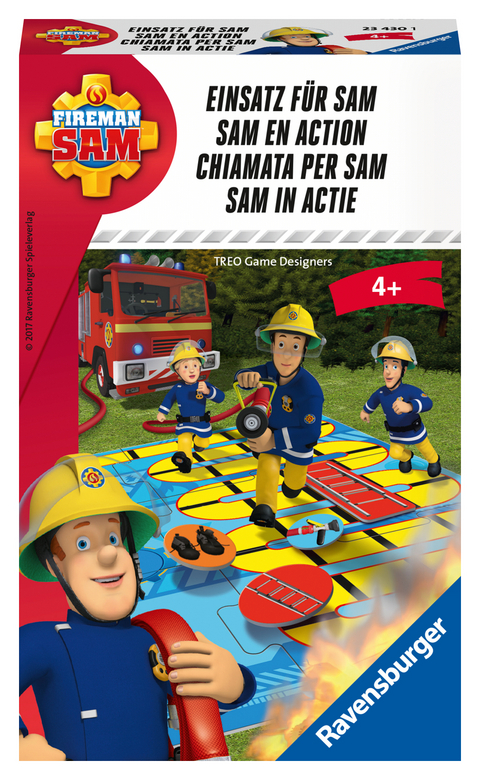 Ravensburger 23430 - Feuerwehrmann Sam: Einsatz für Sam, Mitbringspiel für 2-4 Spieler, Kinderspiel ab 4 Jahren, kompaktes Format, Reisespiel, Brettspiel