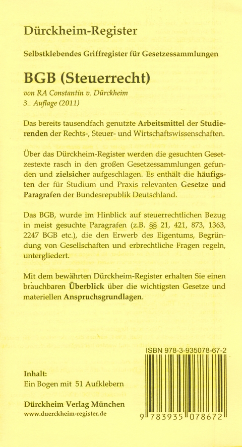 BGB für Steuerrechtler, 51 bedruckte Griffregister - Constantin Dürckheim