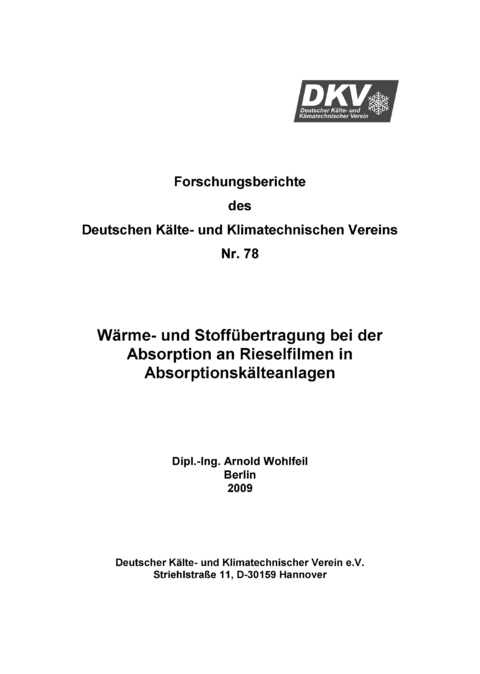 Wärme- und Stoffübertragung bei der Absorption an Rieselfilmen in Absorptionsanlagen - Arnold Wohlfeil