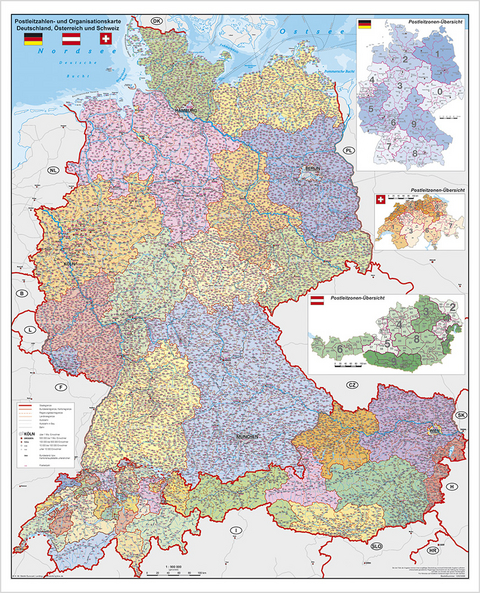 Deutschland-Österreich-Schweiz Postleitzahlen- und Organisationskarte - Heinrich Stiefel