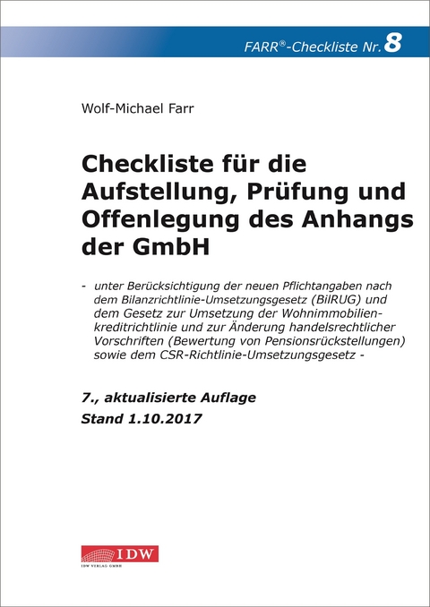 Checkliste 8 für die Aufstellung, Prüfung und Offenlegung des Anhangs der GmbH - Wolf-Michael Farr