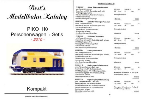 Best`s Modellbahn Katalog PIKO H0 Personenwagen Kompaktausgabe - 2010 - Lothar Best