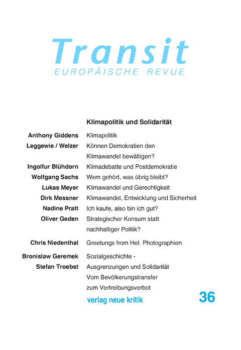 Transit 36. Europäische Revue - Anthony Giddens, Lukas Meyer, Stefan Troebst