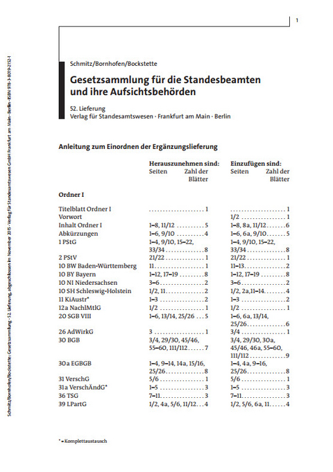 Gesetzsammlung für Standesbeamten und ihre Aufsichtsbehörden -  Schmitz,  Bornhofen,  Bockstette