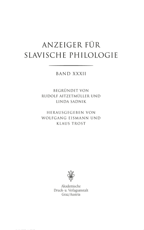 Anzeiger für Slavische Philologie / Anzeiger für Slavische Philologie - 