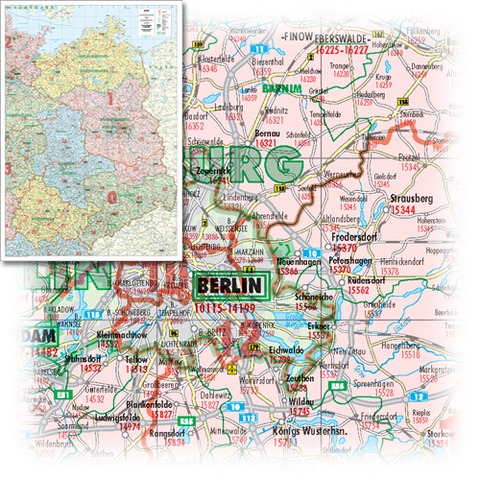 BACHER Postleitzahlen- und Verwaltungskarte Ostdeutschland Maßstab 1:380000, Sonderausgabe als großformatiger Digitaldruck, Papierkarte gerollt