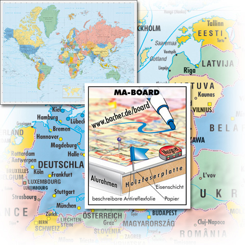 BACHER Politische Weltkarte "Business World" Maßstab 1:20 Mio. MA-BOARD Landkartentafel, aufgezogen, folienbeschichtet, magnetisch mit Aluleiste gerahmt