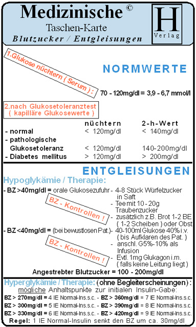 Blutzucker Entgleisungen - Klinische Therapie - Medizinische Taschen-Karte