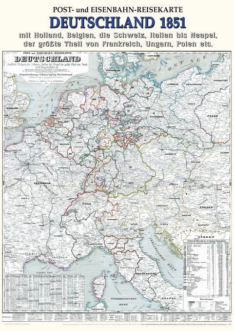 Historische Karte: Post- und Eisenbahn-Reisekarte DEUTSCHLAND, 1851 (Plano) - Gustav Hanser