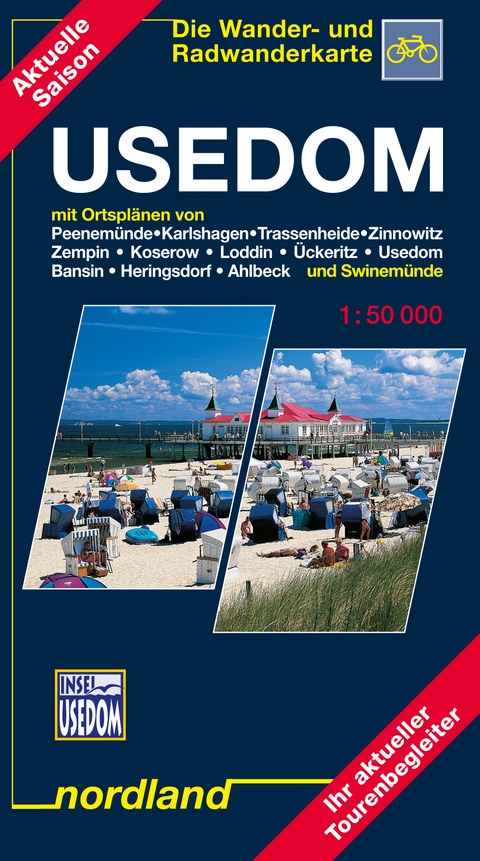 Usedom mit Ortsplänen von Peenemünde, Karlshagen, Trassenheide, Zinnowitz, Zempin, Koserow, Loddin, Ückeritz, Usedom, Bansin, Heringsdorf, Ahlbeck und Swinemünde - Peter Kast