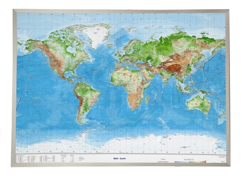 Welt, Reliefkarte, Groß, m. Aluminiumrahmen. Earth