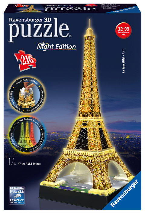 Ravensburger 3D Puzzle Eiffelturm in Paris bei Nacht 12579 - leuchtet im Dunkeln