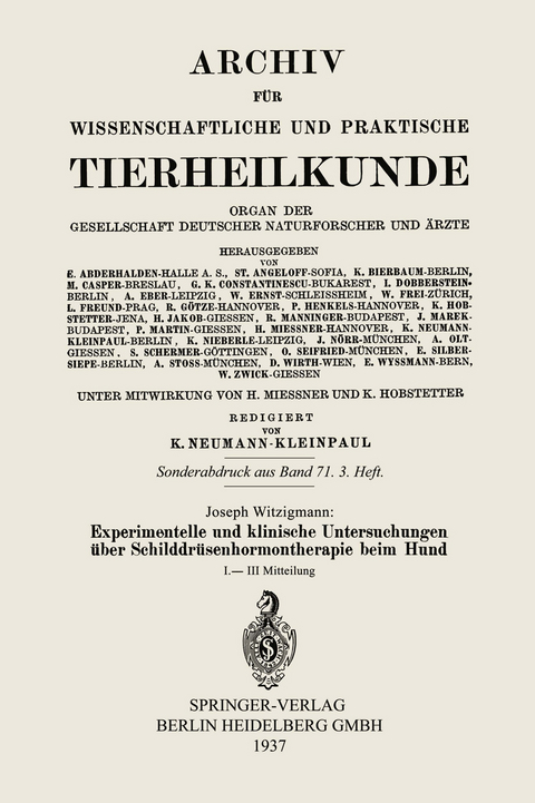 Experimentelle und klinische Untersuchungen über Schilddrüsenhormontherapie beim Hund - Joseph Witzigmann