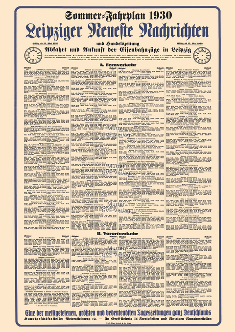 Aushangfahrplan Eisenbahnverkehr Leipzig 1930 - Restaurierter Nachdruck als Poster auf Kunstdruckpapier im Format 59 x 84 cm, gefaltet auf DIN A4.