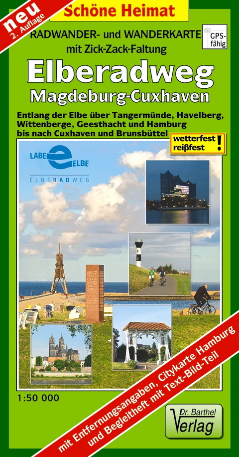 Radwander- und Wanderkarte mit Zick‑Zack‑Faltung Elberadweg, Magdeburg-Cuxhaven