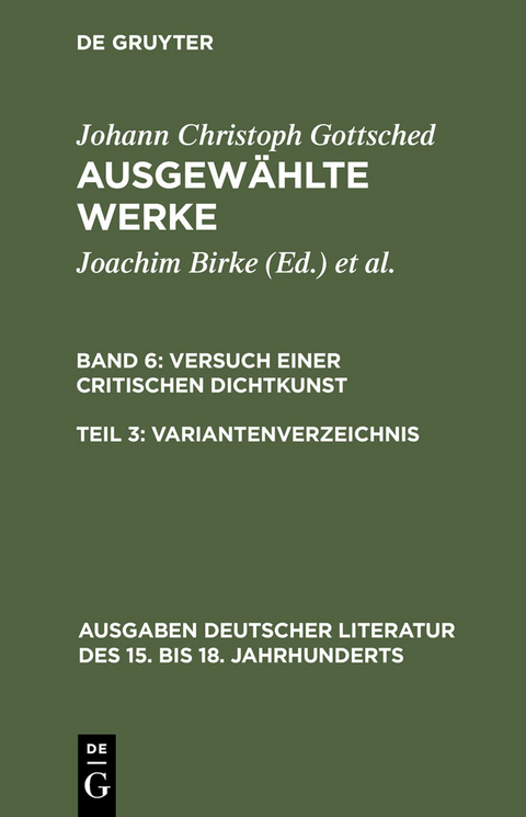 Versuch einer Critischen Dichtkunst. Variantenverzeichnis - Johann Christoph Gottsched