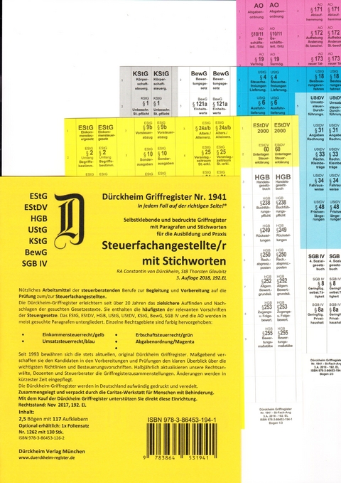 STEUERFACHANGESTELLTE Dürckheim-Griffregister Nr. 1941 (2018/192.EL) mit Stichworten - Thorsten Glaubitz, Constantin Dürckheim