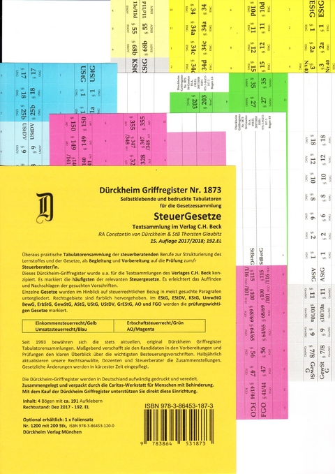 STEUERGESETZE Dürckheim-Griffregister Nr. 1873 (2018/192.EL) - Thorsten Glaubitz, Constantin von Dürckheim